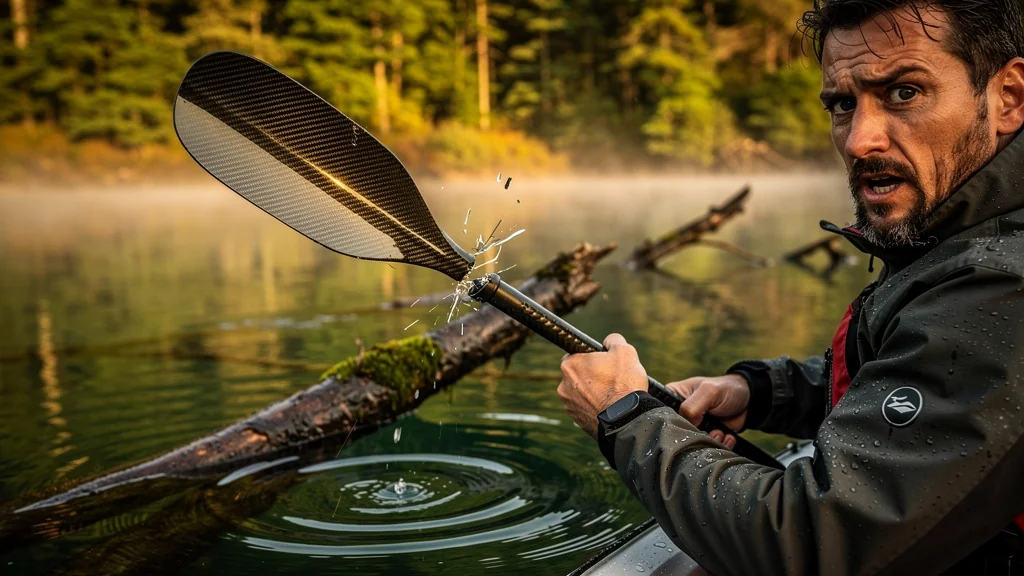 Test d’une pagaie carbone cassée sur une branche immergée lors d’une balade en kayak