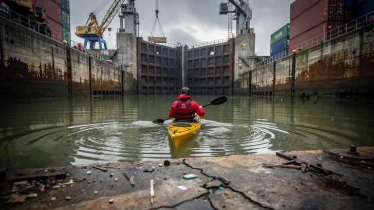 Kayak traversant un bief d'écluse industriel pour la première fois, expérience immersive en milieu urbain