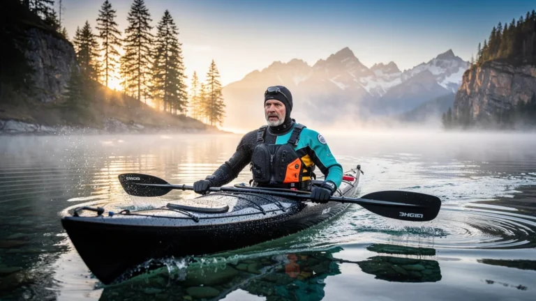 Kayakiste testant trois combinaisons thermiques différentes dans une eau entre 10 et 15°C