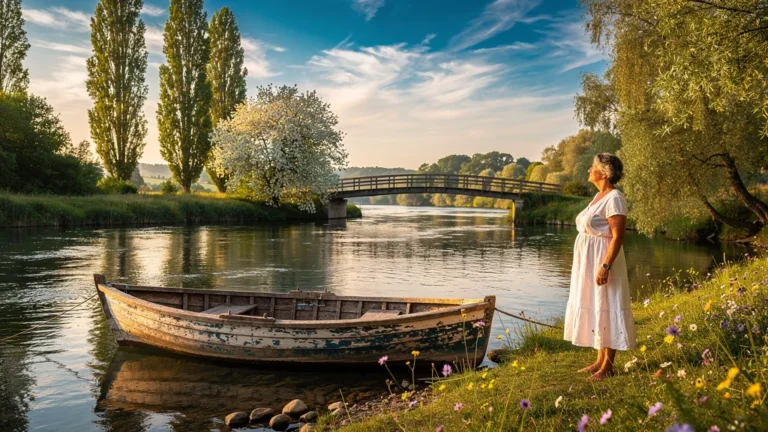 Scène réaliste d'un été sur la Seine entre Vernon et Giverny, lumière dorée et nature luxuriante