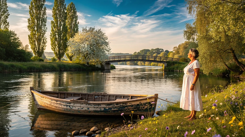 Scène réaliste d'un été sur la Seine entre Vernon et Giverny, lumière dorée et nature luxuriante
