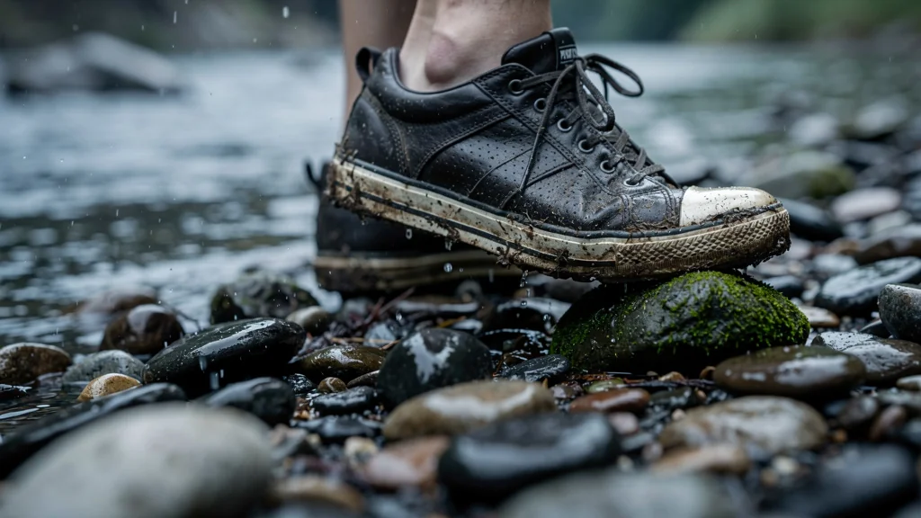 Paire de baskets glissant sur des galets mouillés, illustrant un choix inadapté de chaussures