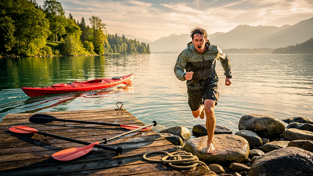 Homme courant après son kayak échappé sur un lac, symbolisant la négligence de l'amarrage