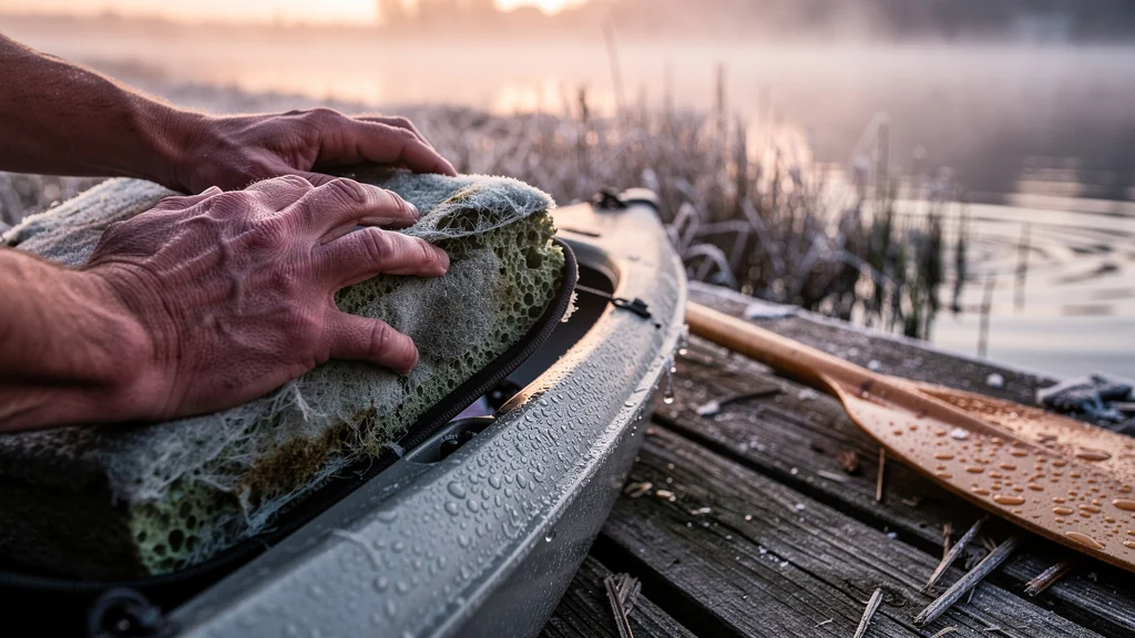 Mousse de siège de kayak moisie après rangement humide tout l'hiver, détail ultra-réaliste
