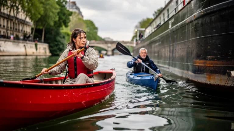 Balade en canoë et kayak sur la Seine proche d'une péniche imposante, moment de tension sur l'eau
