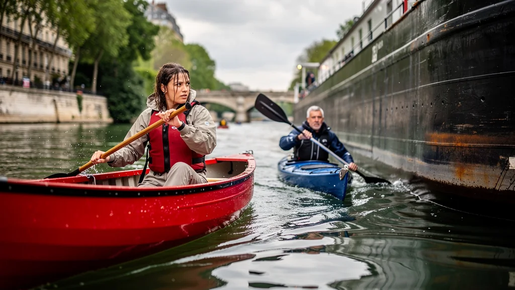 Balade en canoë et kayak sur la Seine proche d'une péniche imposante, moment de tension sur l'eau