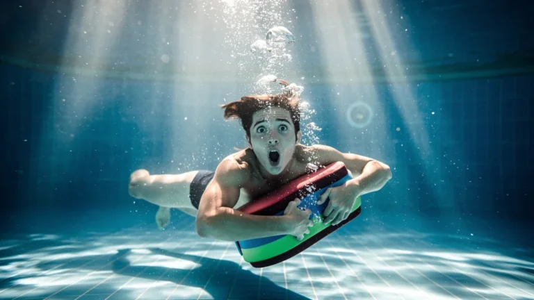 Photo hyperréaliste d'une première tentative d'esquimautage avec panique sous l'eau en piscine bleue