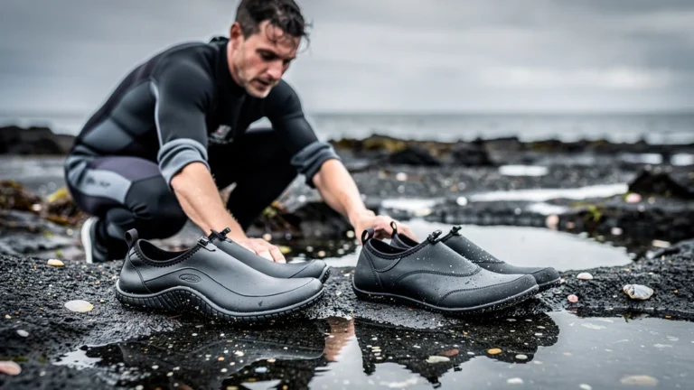 Comparaison réaliste de deux modèles de chaussons néoprène testés sur huit mises à l’eau, semelles visibles