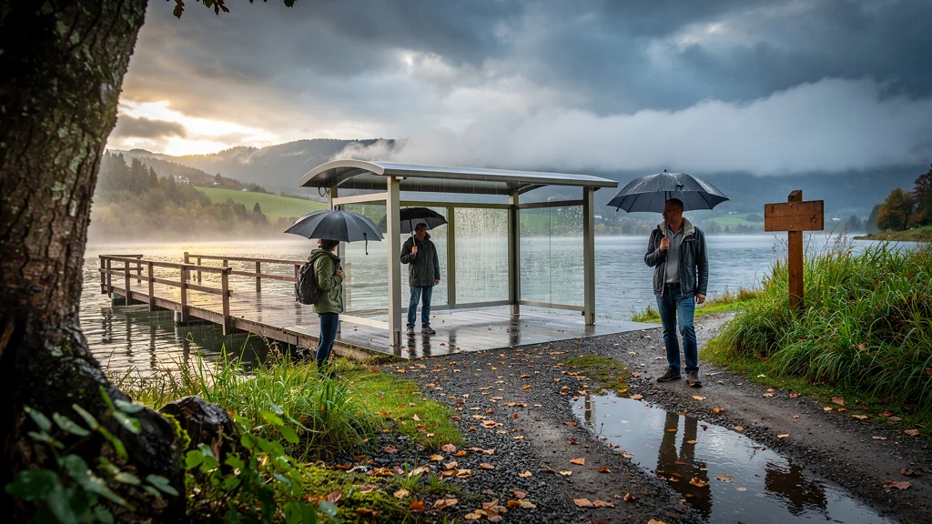 Comparaison hyper-réaliste de trois points d'embarquement autour de Vernon après la pluie en extérieur