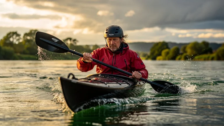Kayak en pleine lutte contre le vent de face sur une rivière, pagayeur concentré en plein effort
