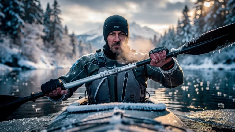 Kayak en hiver montrant gants de pagaie et main nue par temps froid, choix essentiel pour pagayeurs