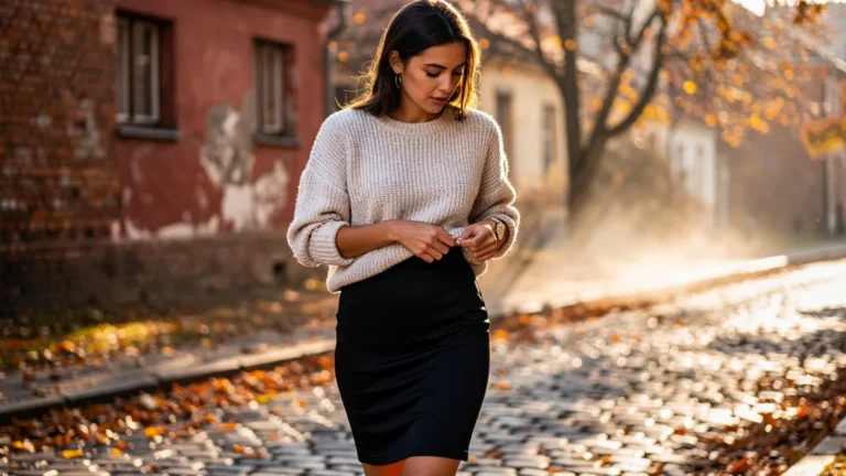 Femme en jupe néoprène noire en automne, ambiance fraîche d’octobre sur rue pavée avec feuilles tombées