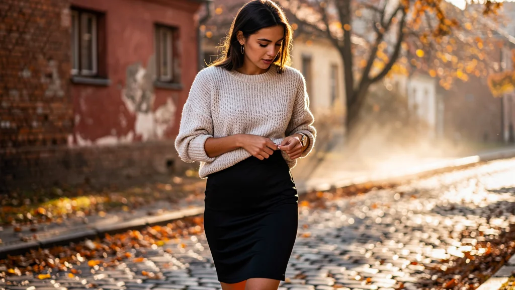 Femme en jupe néoprène noire en automne, ambiance fraîche d’octobre sur rue pavée avec feuilles tombées