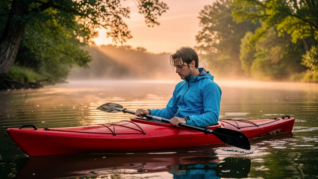 Moment de prise de conscience en kayak, détente et lâcher-prise sur une rivière paisible au coucher du soleil