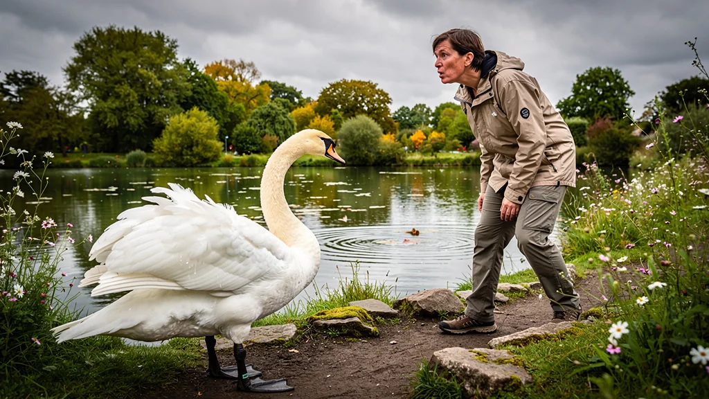 Photo réaliste d’un cygne territorial bloquant un chemin près de Giverny au bord d’un étang paisible