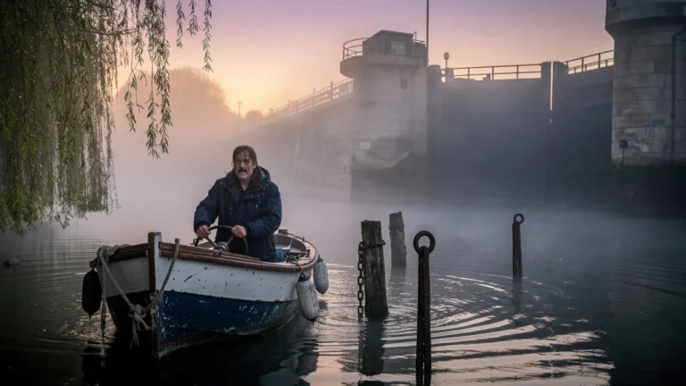 Bateau ratant l’entrée de l’écluse sur la Seine au matin brumeux avec une lumière d’aube diffuse