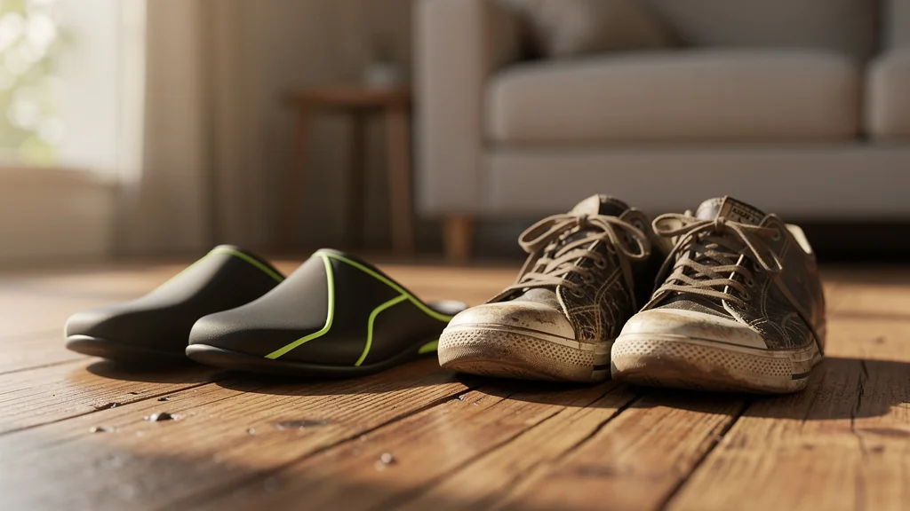 Comparaison réaliste entre chaussons néoprène modernes et vieilles baskets usées sur sol en bois