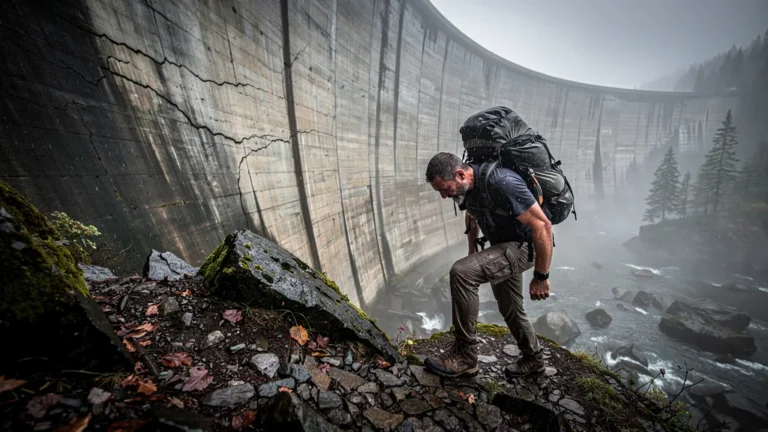 Homme fatigué portant un sac lourd autour d’un barrage, dos douloureux après un portage difficile