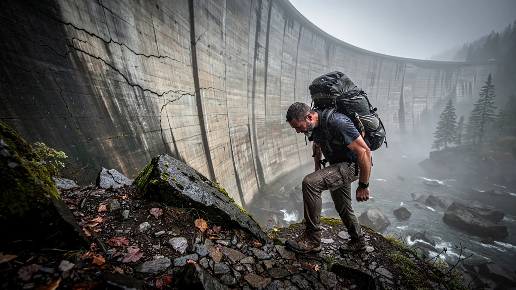 Homme fatigué portant un sac lourd autour d’un barrage, dos douloureux après un portage difficile