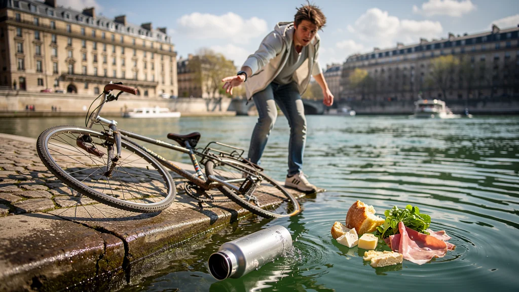 Cycliste désemparé perdant son repas dans la Seine après ne pas avoir fixé son bidon