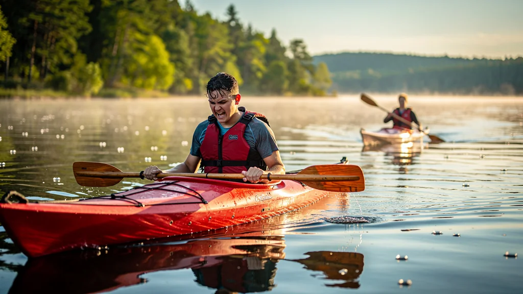 Débutant en kayak fatigué avec pagaie simple sur eau calme avant de passer à la pagaie double
