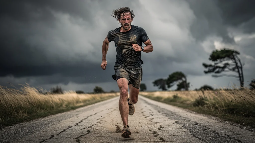Coureur épuisé après 18 km contre le vent, épaules lâchant dans un décor de campagne venteuse