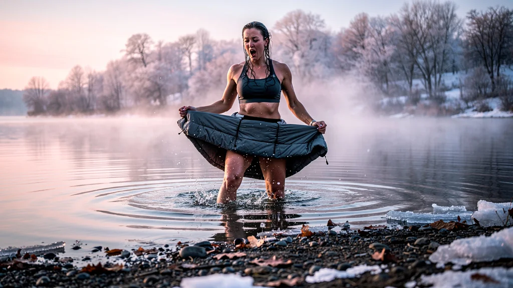 Femme testant une jupe d’hiver dans une eau froide entre 5 et 10 degrés lors de sorties extérieures