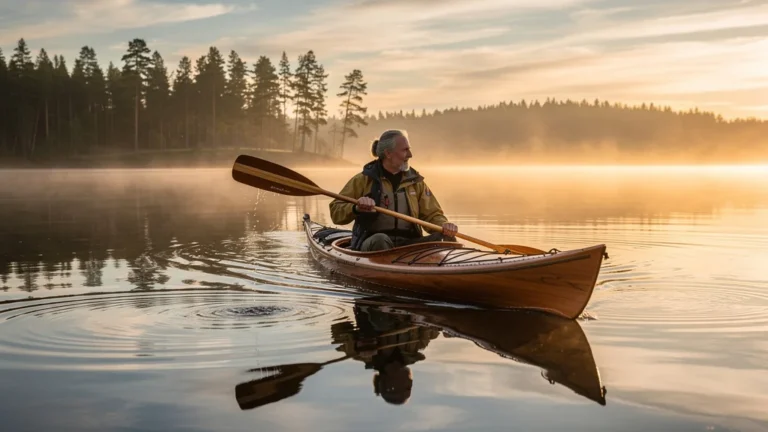 Pagaie groenlandaise en bois testée sur trois sorties en eau plate, kayakiste en action sur lac calme