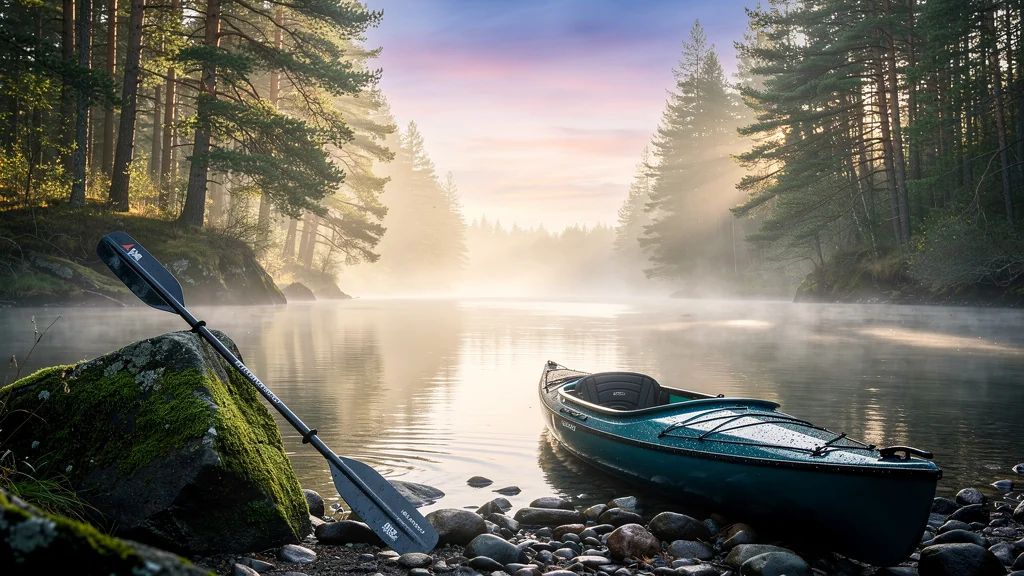 Paysage matinal hyper-réaliste rivière et kayak illustrant l'avis tranché sur B4b