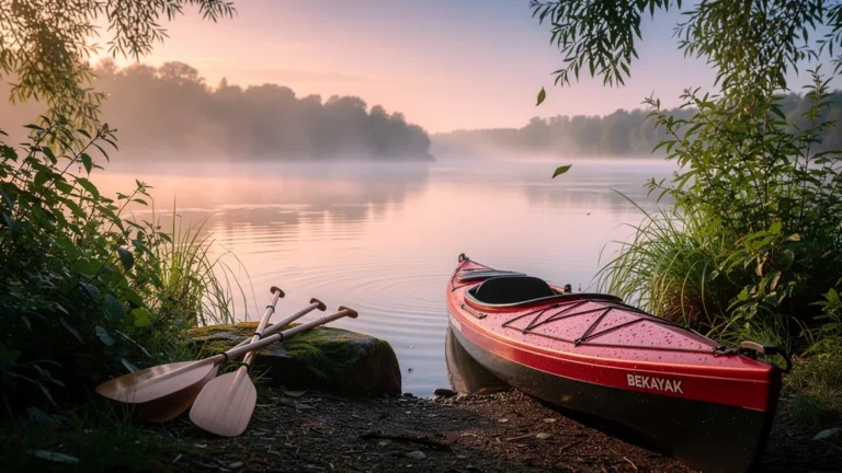Kayak Bekayak rouge sur rivière calme au lever du jour, ambiance paisible et naturelle, équipement de qualité
