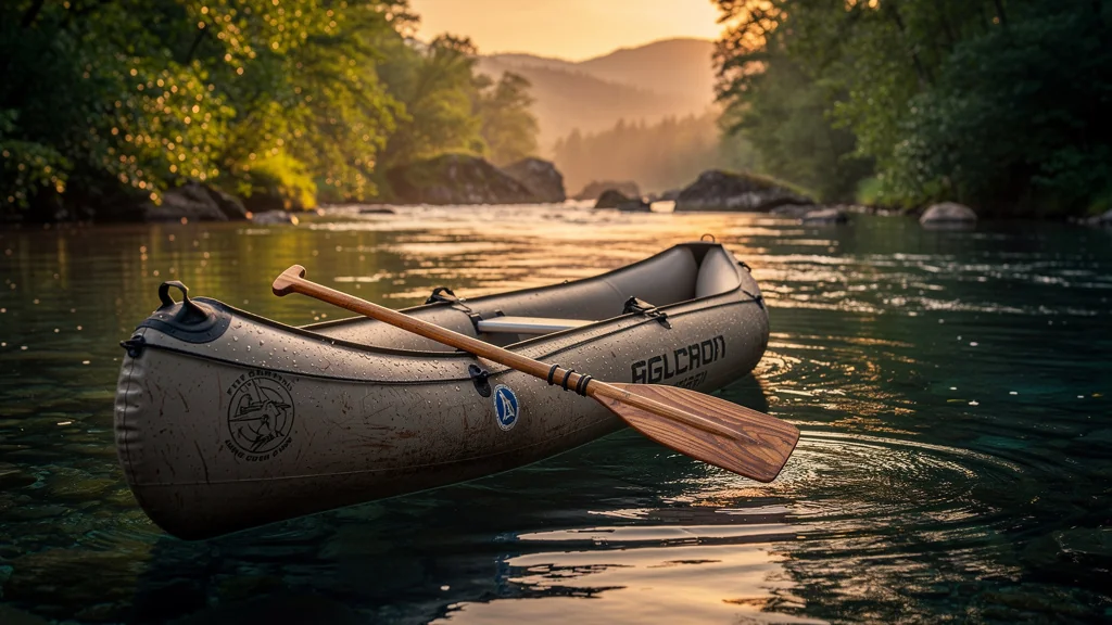 Canoe gonflable usé flottant sur rivière calme au coucher de soleil, test de performance durable