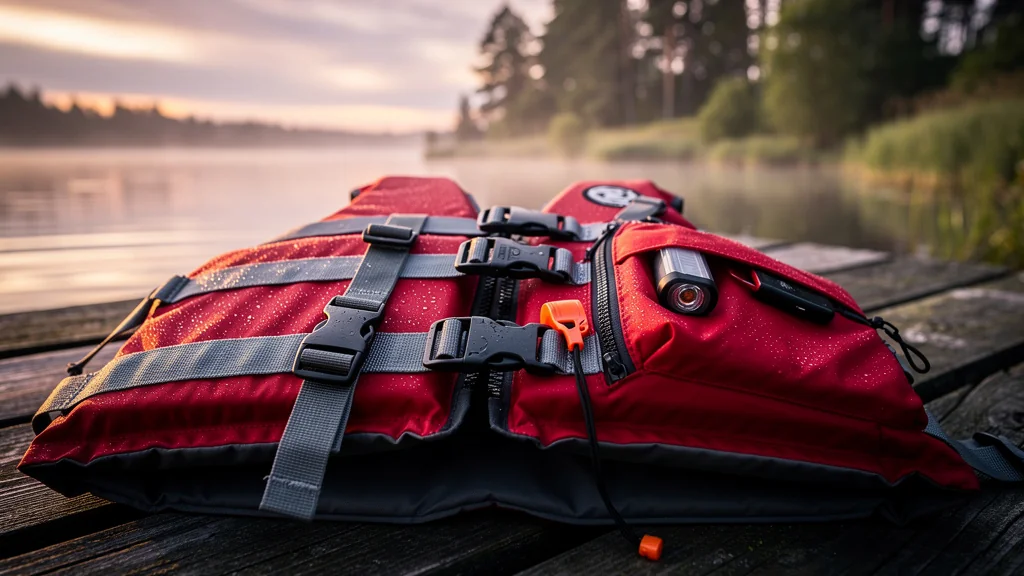 Gilet de sauvetage détaillé et vérifié avant mise à l'eau sur un quai en bois au lever du jour