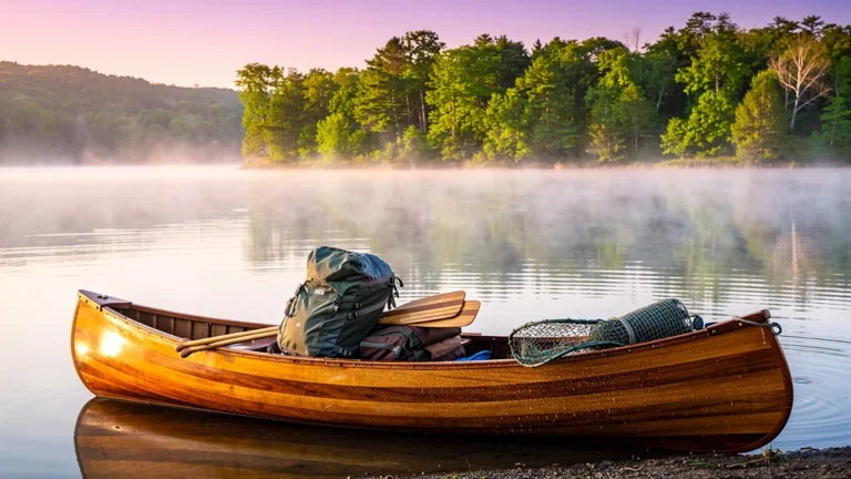 Canoë pour trois personnes chargé sur l’eau calme de Vernon au lever du jour