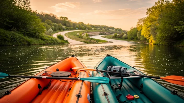 Deux kayaks gonflables colorés naviguant sur les boucles calmes et verdoyantes de la Seine au coucher du soleil