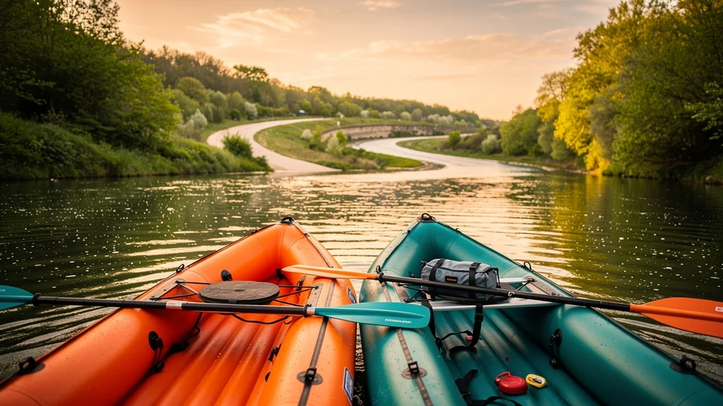 Deux kayaks gonflables colorés naviguant sur les boucles calmes et verdoyantes de la Seine au coucher du soleil
