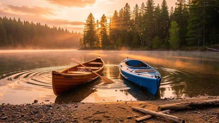 Comparaison hyperréaliste d’un canoë ouvert et d’un kayak fermé sur un lac au coucher du soleil
