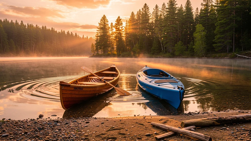 Comparaison hyperréaliste d’un canoë ouvert et d’un kayak fermé sur un lac au coucher du soleil