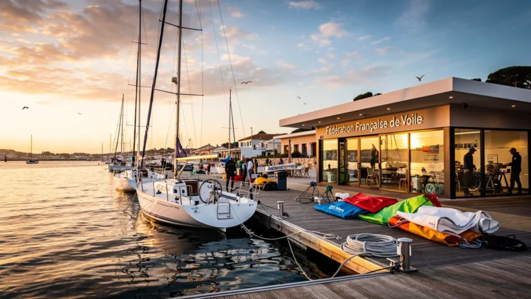 Vue hyper-réaliste d’un club nautique Fédération Française de Voile au coucher de soleil, ambiance maritime paisible