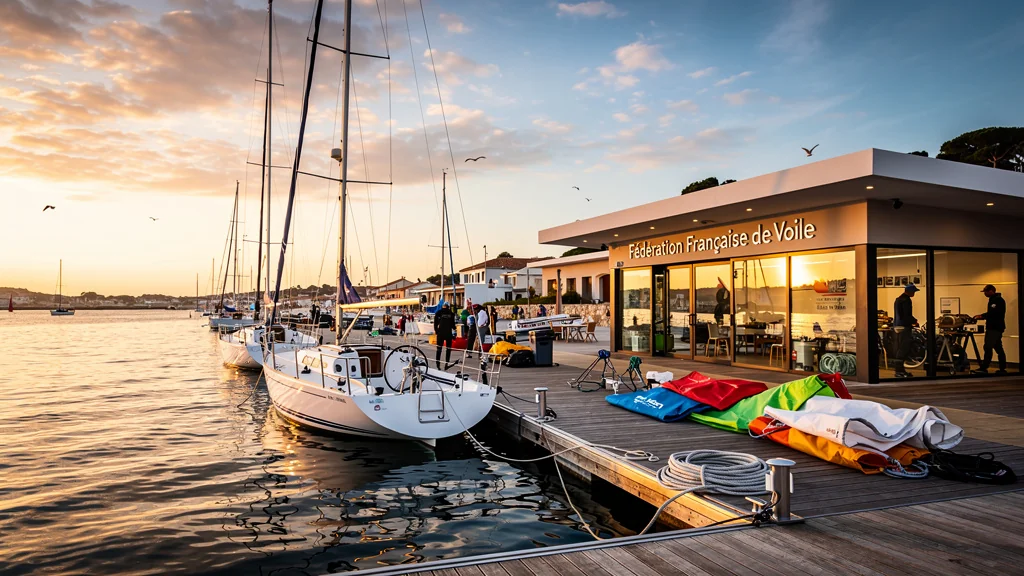 Vue hyper-réaliste d’un club nautique Fédération Française de Voile au coucher de soleil, ambiance maritime paisible