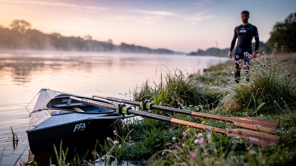 Photo hyperréaliste d’une embarcation d’aviron FFA au lever du jour sur une rivière calme