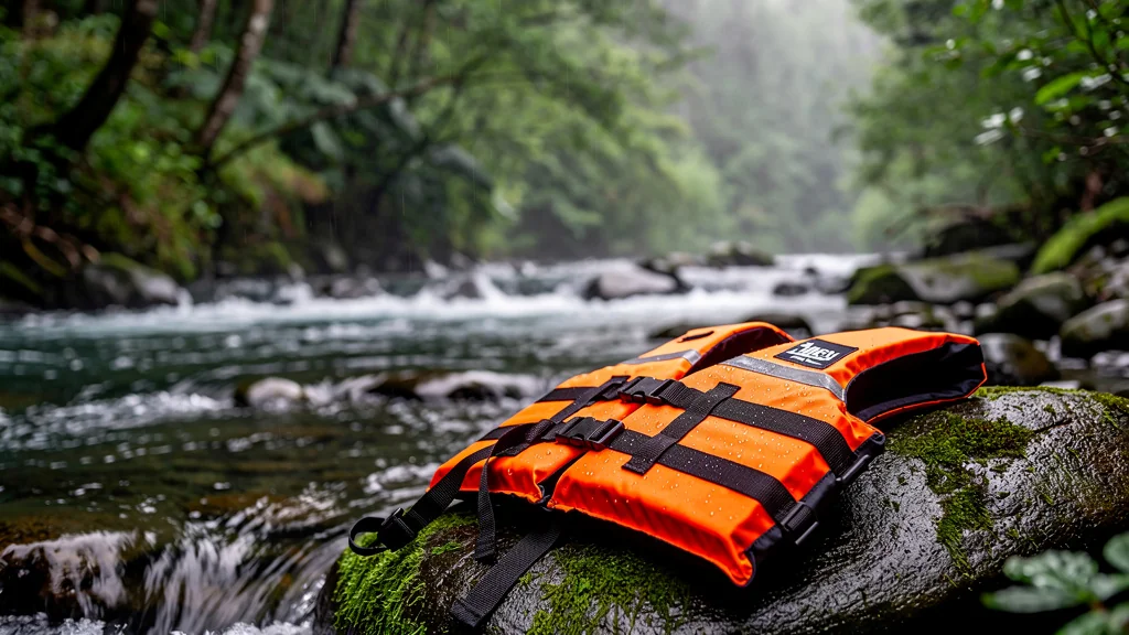 Gilet de sauvetage orange posé sur un rocher humide au bord d’une rivière en conditions naturelles
