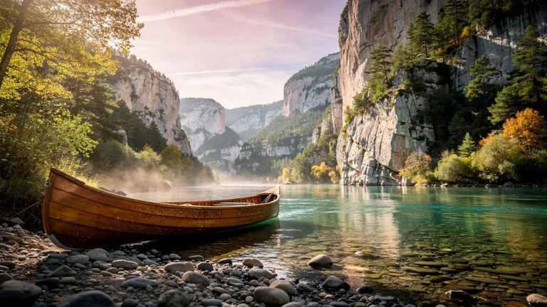 Vue hyper-réaliste des gorges du Tarn avec canoë sur rivière turquoise au coucher du soleil