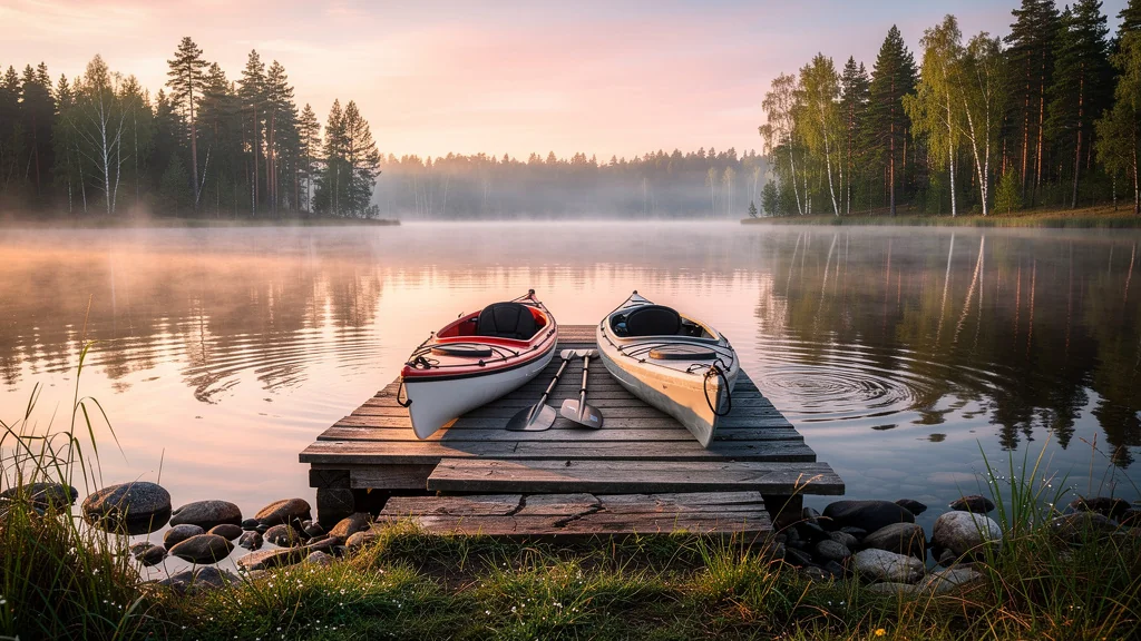 Comparaison hyper-réaliste d'une pagaie simple et double sur un lac au lever du soleil