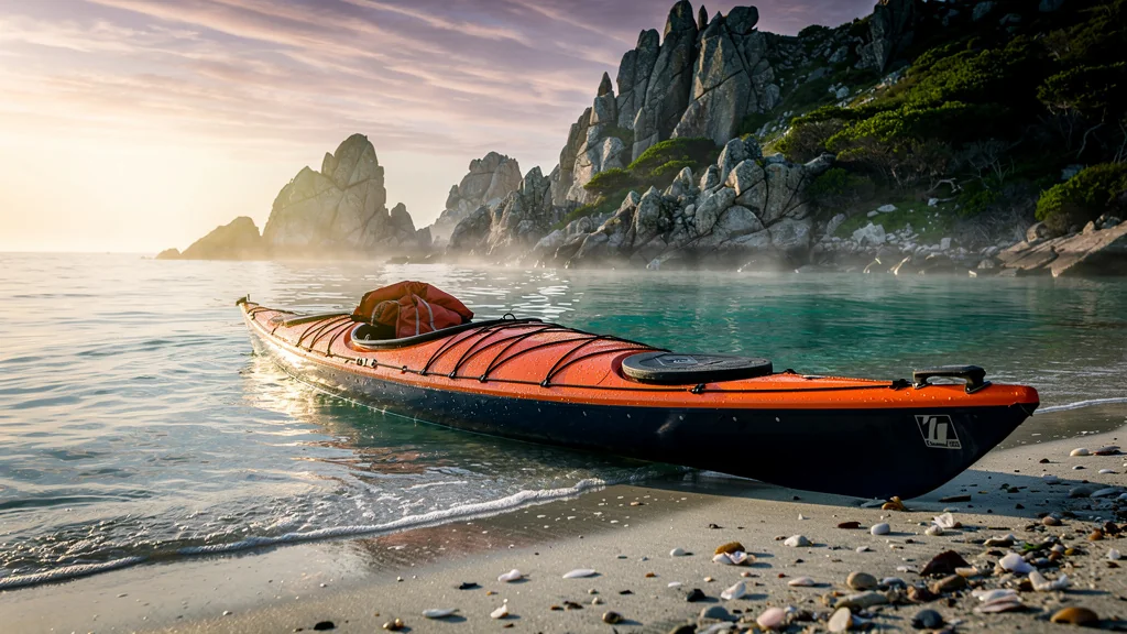 Kayak de mer posé au bord d’une eau turquoise après 50 km, ambiance calme et lumière dorée