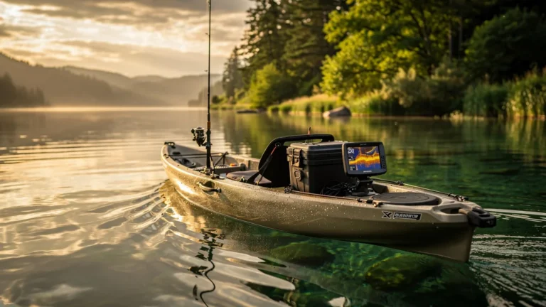 Kayak de pêche stable et autonome sur lac calme au coucher de soleil, équipement complet, nature verdoyante