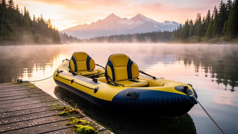 kayak gonflable 3 places jaune sur lac de montagne au lever du soleil, détails haute résolution