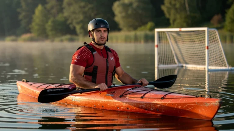 Homme de 33 ans en tenue de kayak polo prêt à débuter sur un lac calme, ambiance matinale réaliste