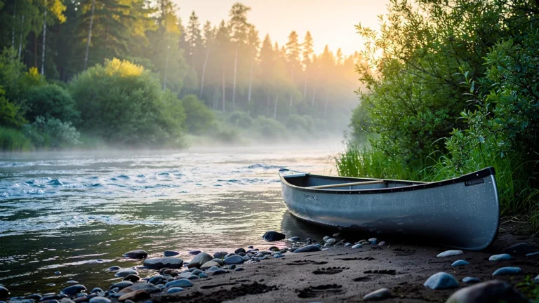 Rivière paisible au lever du jour avec kayak, ambiance sereine pour article sur Laurafoot