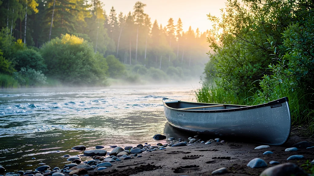 Rivière paisible au lever du jour avec kayak, ambiance sereine pour article sur Laurafoot