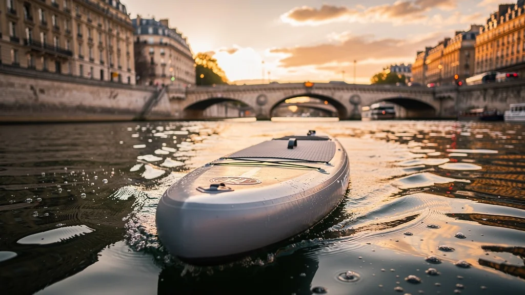Paddle gonflable stable sur la Seine au coucher de soleil, reflet doré et ambiance paisible